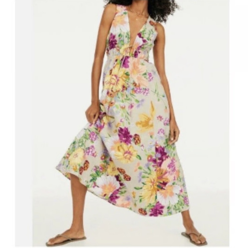 Beige Linen H&M Maxi Dress with colorful Floral Design and Deep V detail size M - Picture 2 of 8